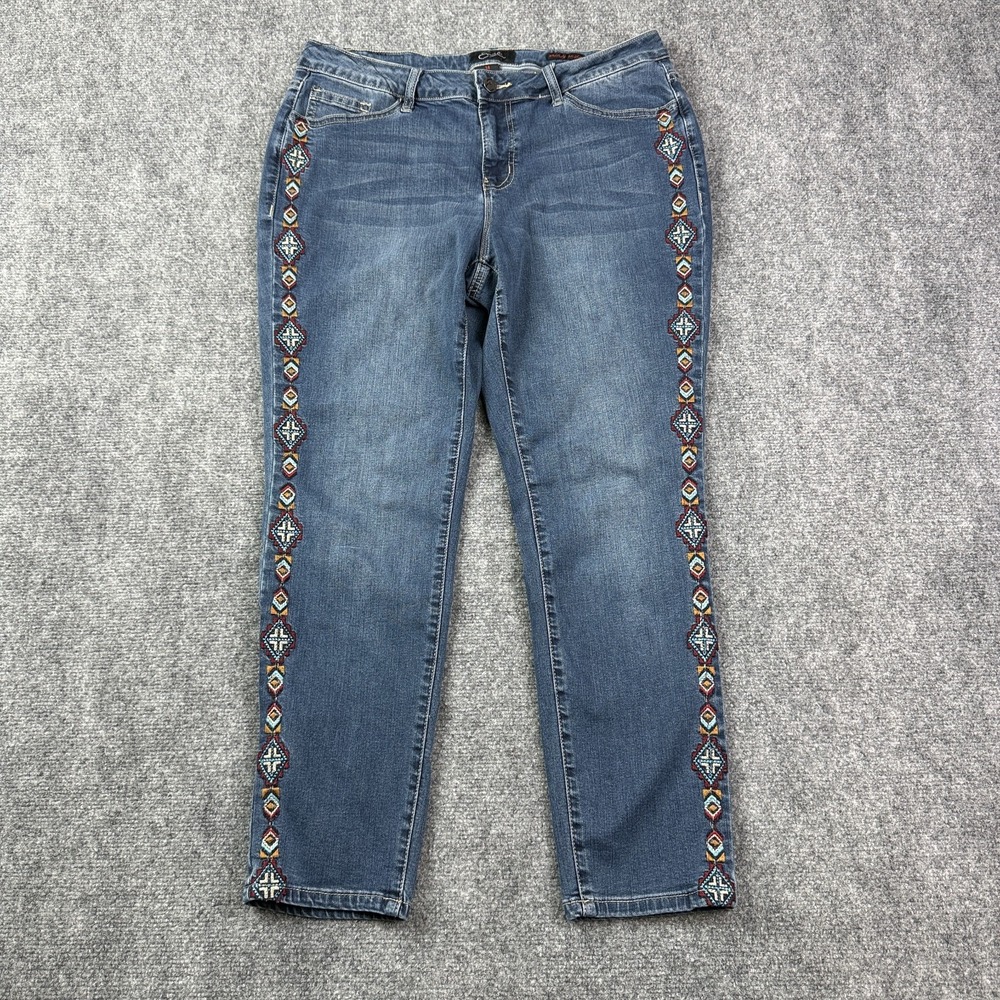 Earl Womens Skinny Ankle Jeans 14 Mid Rise Embroidered Aztek Tribal Stretch
